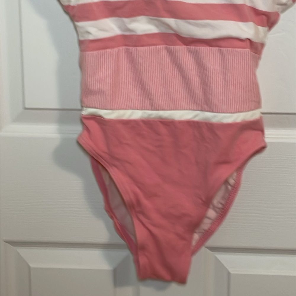 90s Pink Swimsuit, vintage Jantzen Striped Tank style Suit, cotton Lycra, 12 - Picture 5 of 10